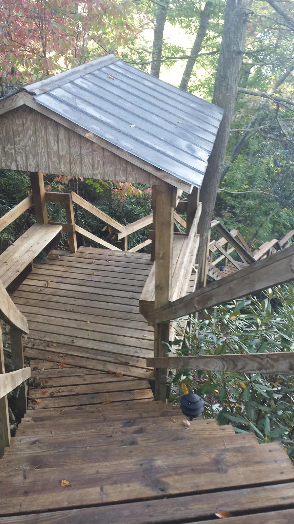 Metal roofed shelter over wooden steps on a wooded walkway — Skylight Repair & Installation work by our crew in Queenstown